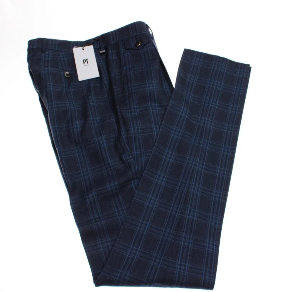 PT Torino NWT Dress Pants Size 46 (30 US) In Blue Plaid 100% Wool Gentleman - Picture 2 of 15